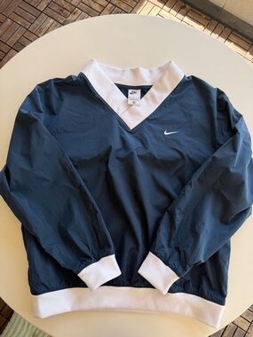Nike Navy Blue & White V-Neck Oversized Windbreaker Pullover S